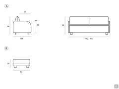 NetworkDiagramm der Abmessungen des Schlafsofas : A) Schlafsofa B) Ottomane